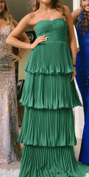 A Line Strapless Green Long Prom Dress Layered Formal Party Dress 2489