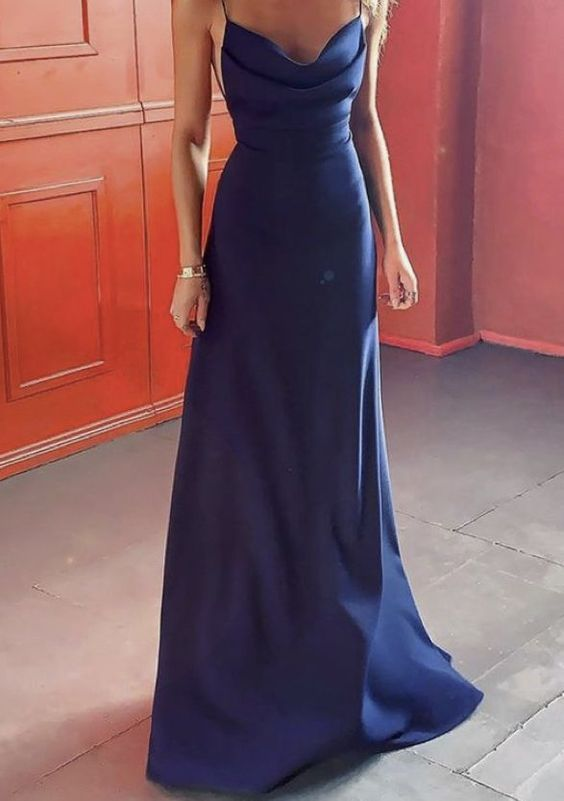 Spaghetti Straps A Line Navy Blue Long Prom Dress 2472