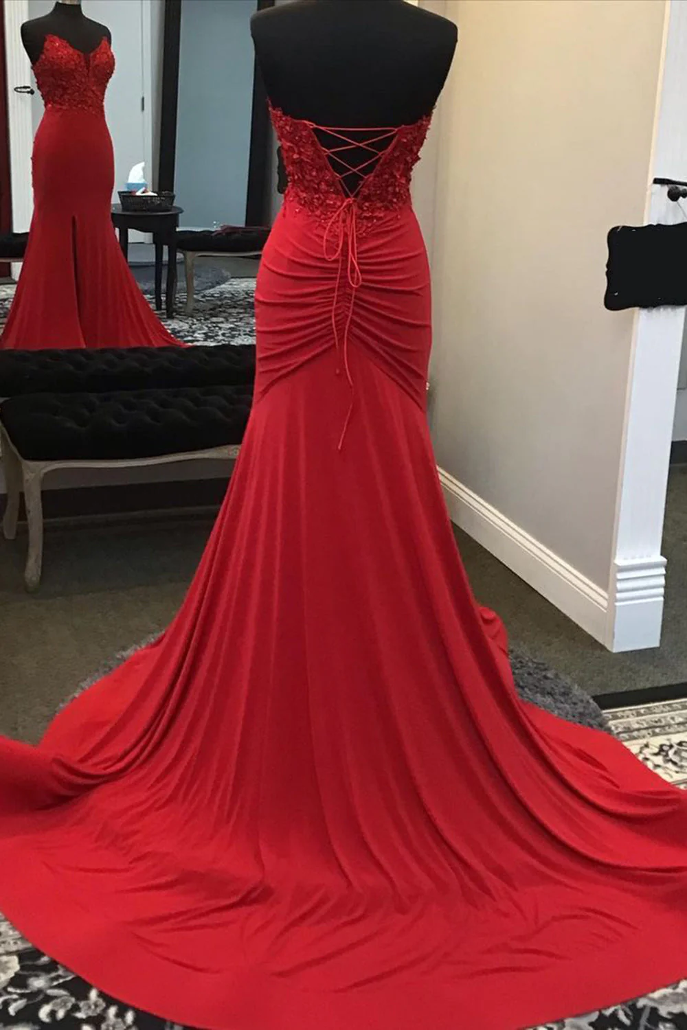 Red Mermaid Llong Prom Dress Appliques Slit Evening Dress 2401