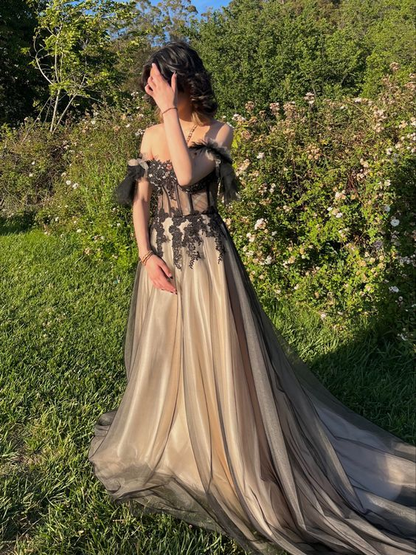 Schulterfreies A-Linien-Ballkleid, lang, Tüll, Abendkleid, Partykleid 2434