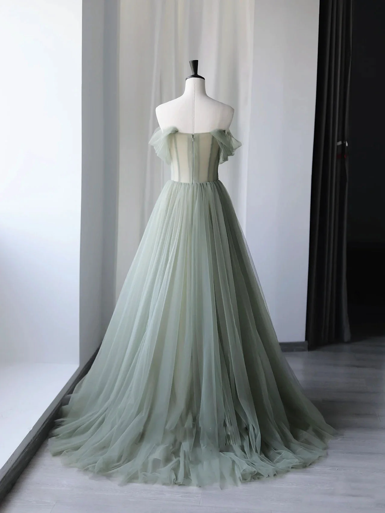 Gray Green Tulle Off Shoulder Long Prom Dress A Line Formal Graduation Dresses 2415