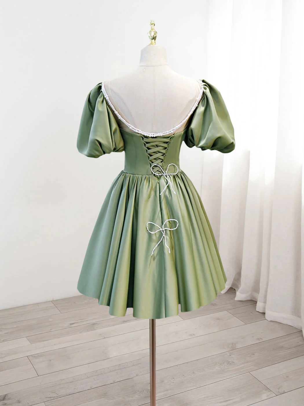 A Line Green Puffy Sleeve Satin Short Prom Dress Homecoming Dress 2412