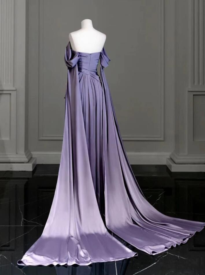 Elegant A Line Purple Satin Long Prom Dresses Formal Party Gown 2437