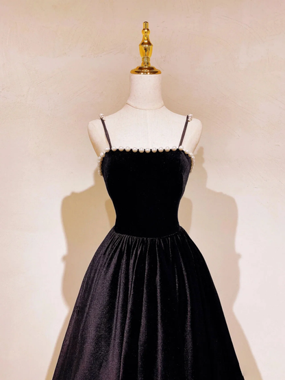 Robe de bal longue en velours noir, coupe trapèze, ornée de perles, tenue de fête d'anniversaire, 2411