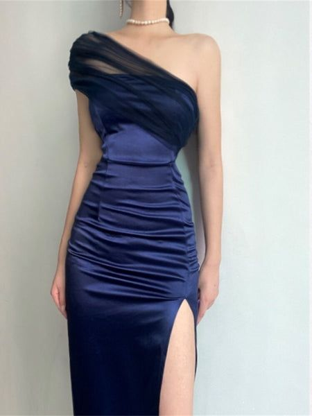 Strapless Sheath Satin Prom Dress With Slit Royal Blue Long Evening Dress 2430