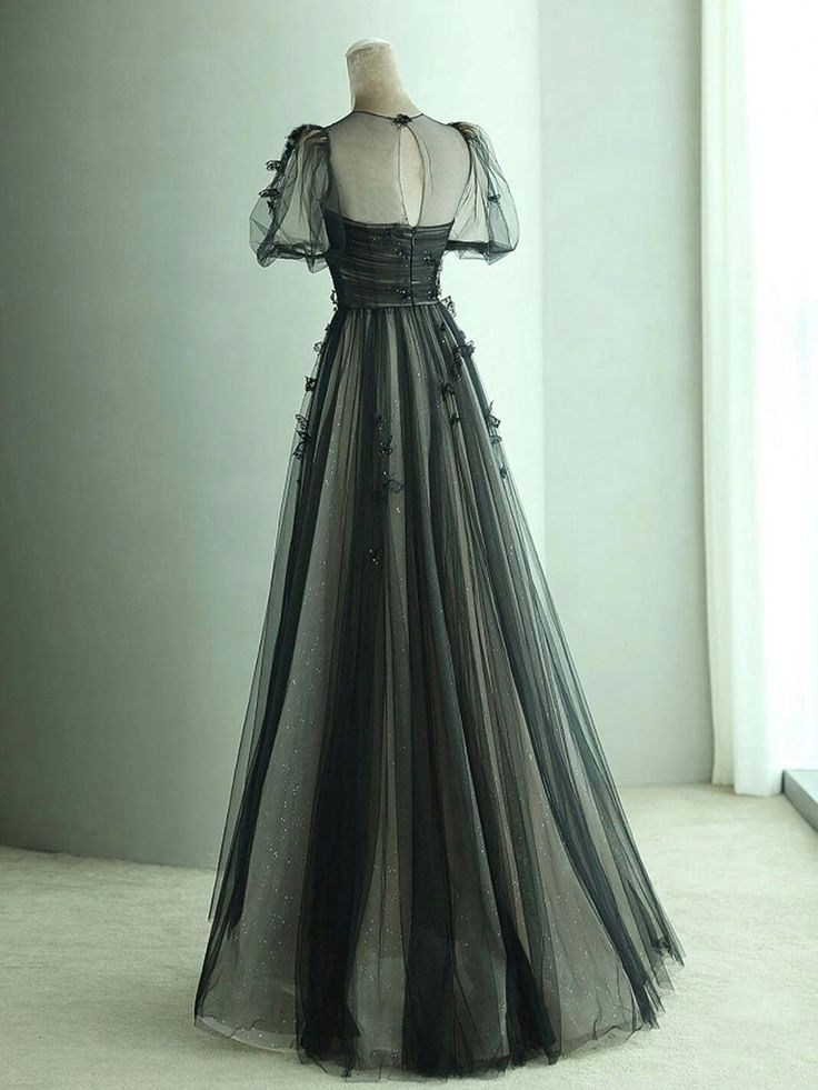 A Line Tulle Long Prom Dress Black Formal Evening Dress 2405