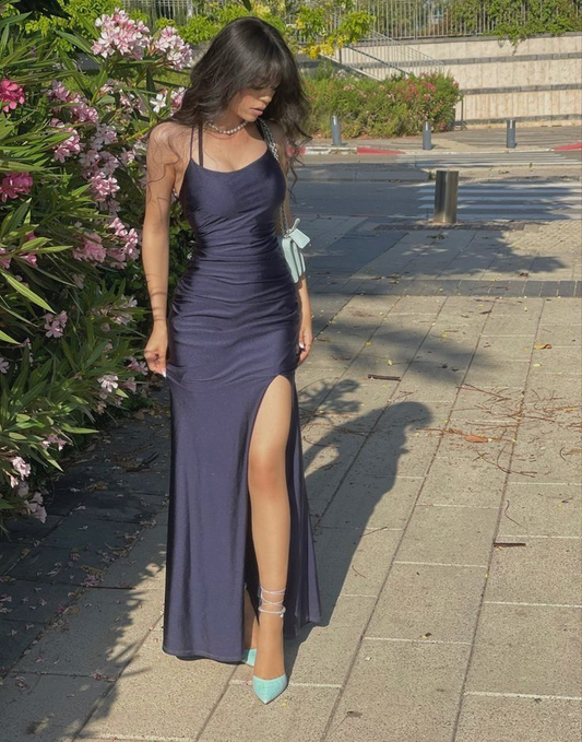 Navy Blue  Long Prom Dresses Sheath Slit Evening Dress 2431