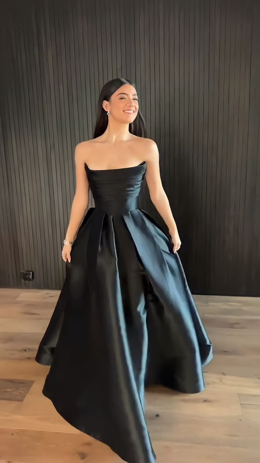 Strapless Black A Line Long Prom Dress Satin Evening Gown 2428