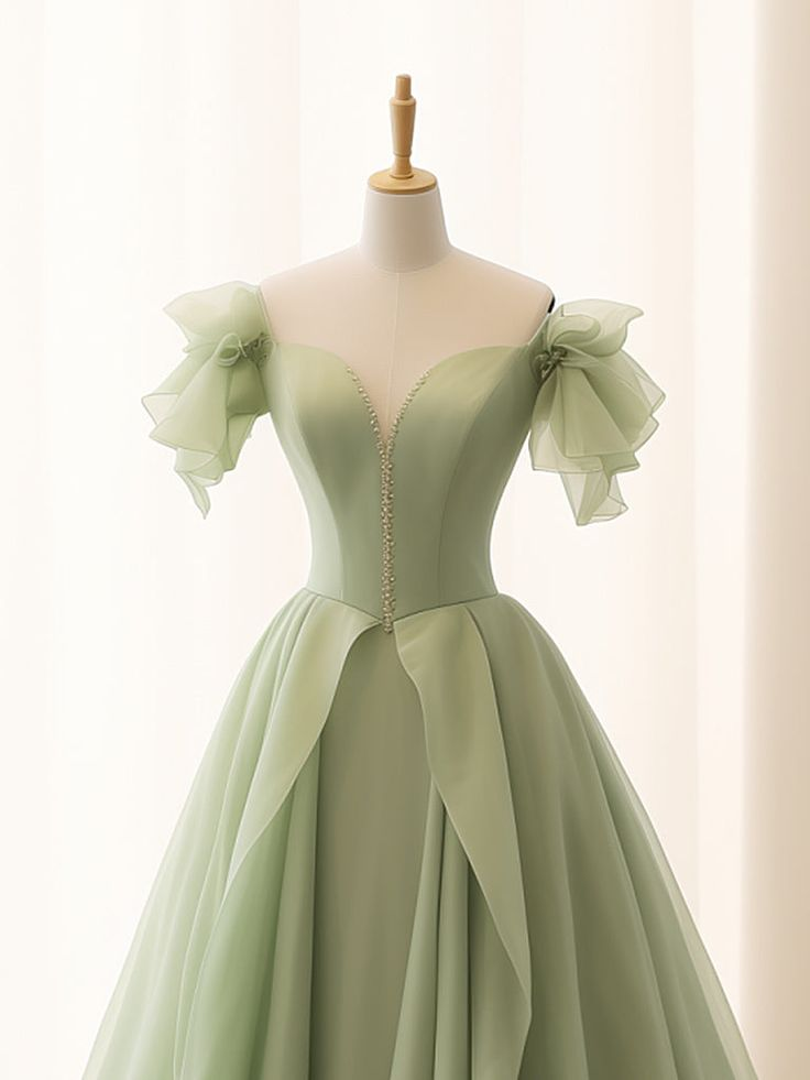 Green A Line Tulle Long Prom Dress V Neck Long Formal Dress 2422