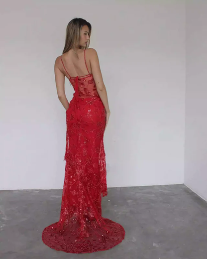 Spaghetti Straps Red Long Prom Dresses Sheath Evening Dress 2451