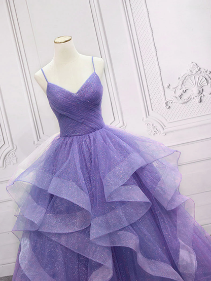 Spaghettiträger Hellviolett Langes Ballkleid A-Linie Lagenkleid Geburtstagspartykleid 2410