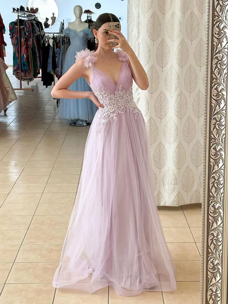 A Line V Neck Tulle Prom Dress Long Party Dress 2423