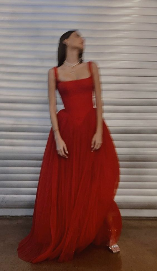 Square Neck A Line Red Tulle Prom Dress Long Formal Evening Dress 2429