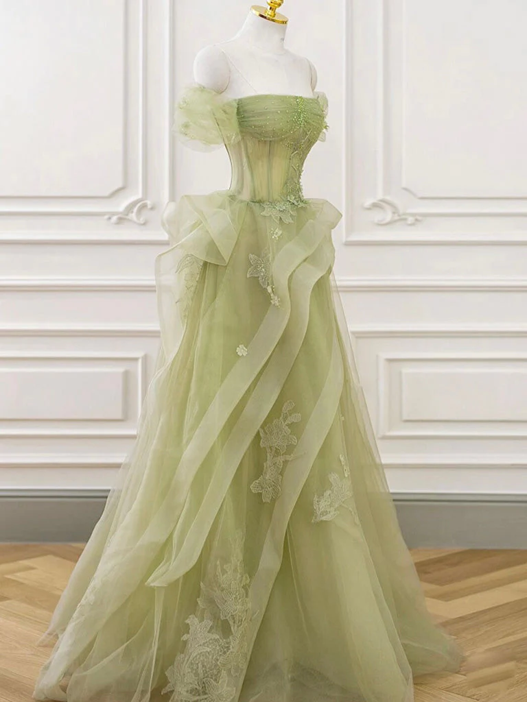 A Line Off Shoulder Green Tulle Long Prom Dress 2406