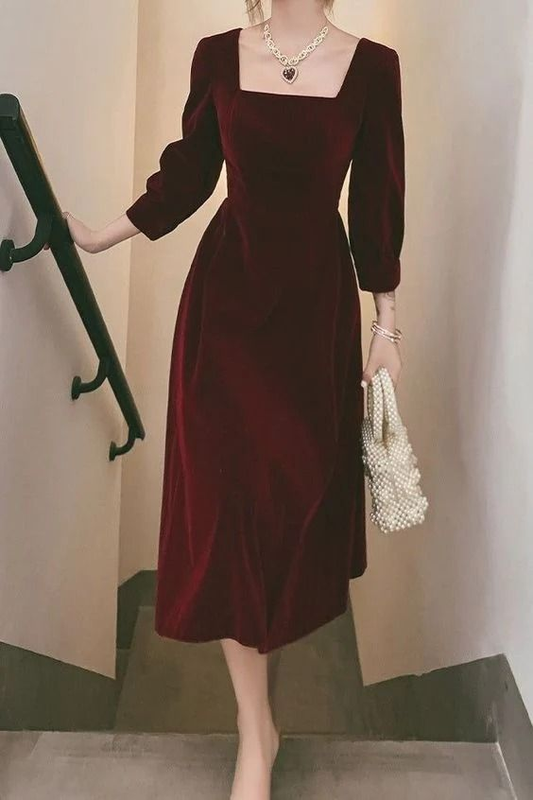 Square Necking Burgundy Velvet Prom Dresses A Line Long Sleeves Dress 2427