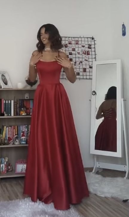 Red Satin Long Prom Dresses Formal Graduation Party Dress 2433