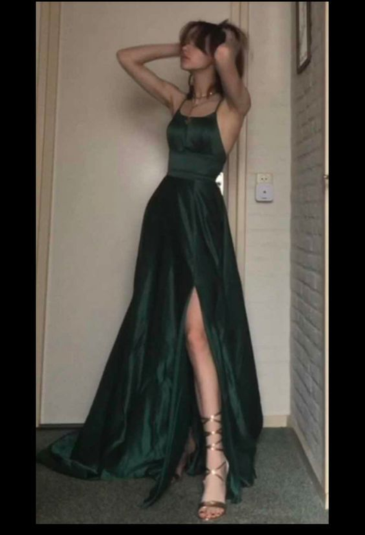 Dark Green Satin Long Prom Dresses Formal Graduation Party Dress 2432