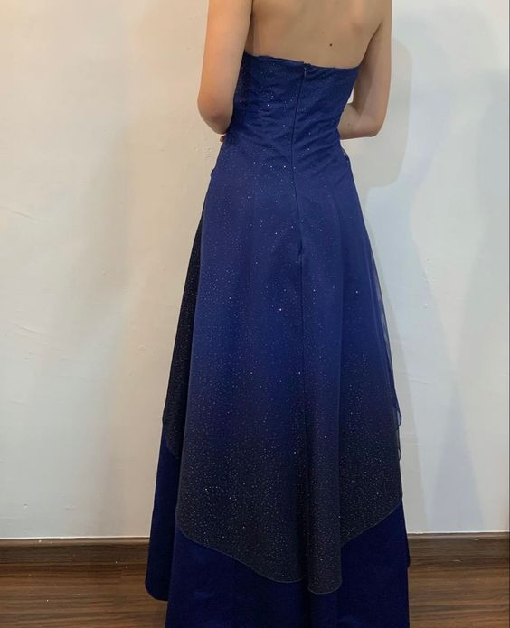 Strapless A Line Navy Shiny Tulle Prom Dress Vintage Party Dress 2470