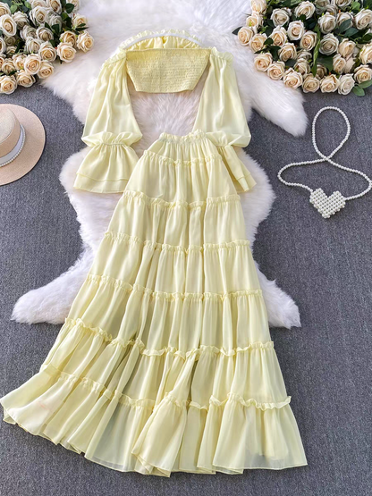 Short-sleeved Blouse and Tiered Ruffled Maxi Skirt Two-piece Outfit Set L83