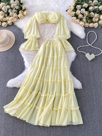 Short-sleeved Blouse and Tiered Ruffled Maxi Skirt Two-piece Outfit Set L83