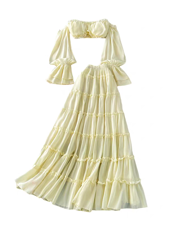 Short-sleeved Blouse and Tiered Ruffled Maxi Skirt Two-piece Outfit Set L83