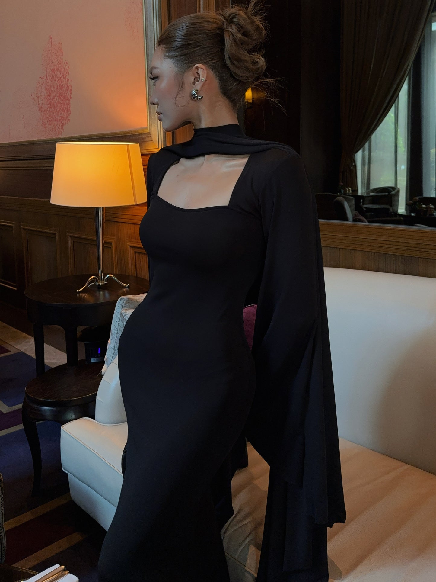 Black Square Collar Shawl Dress Two-piece Gown Modest Evening Dress  L87