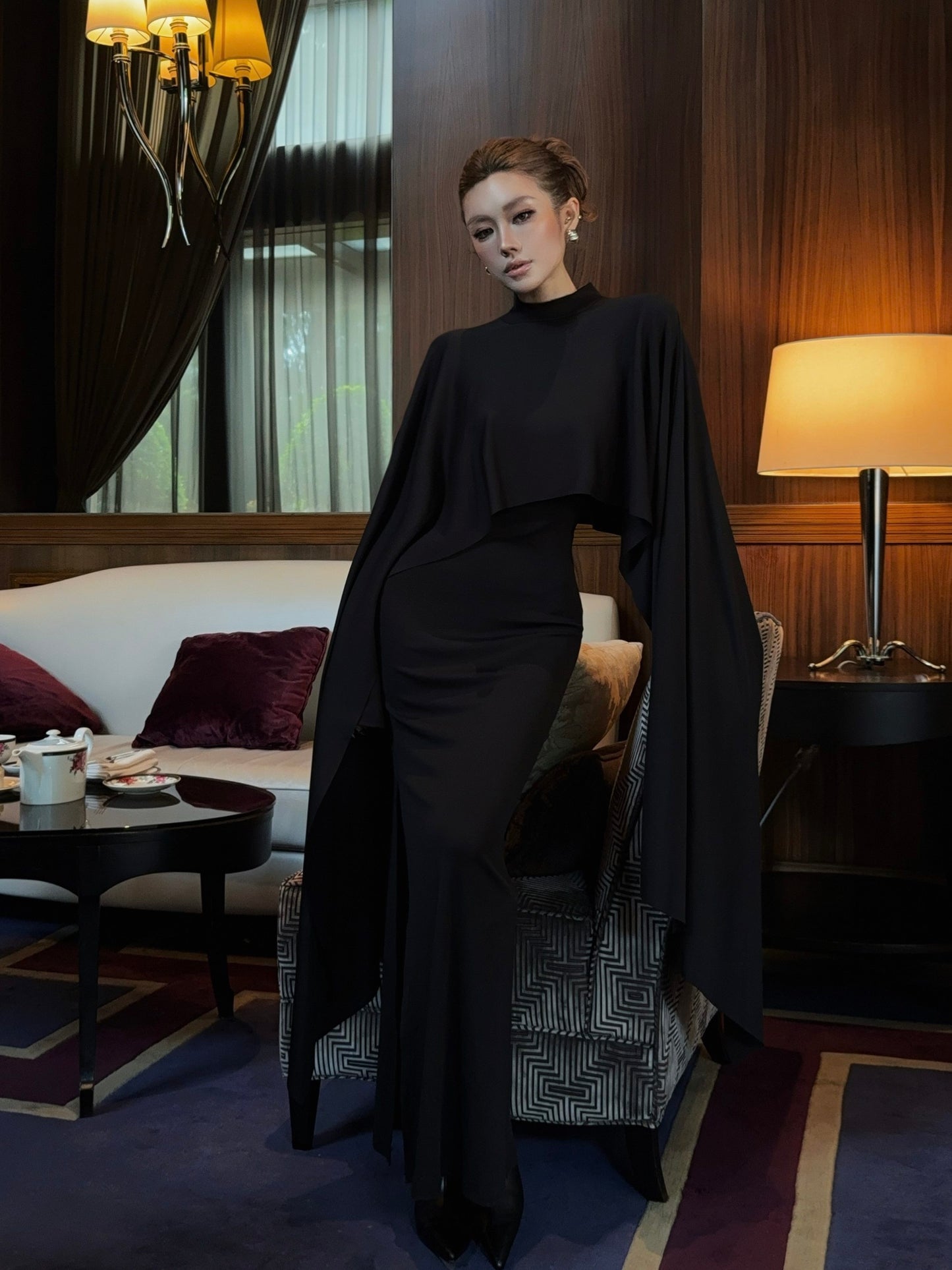 Black Square Collar Shawl Dress Two-piece Gown Modest Evening Dress  L87