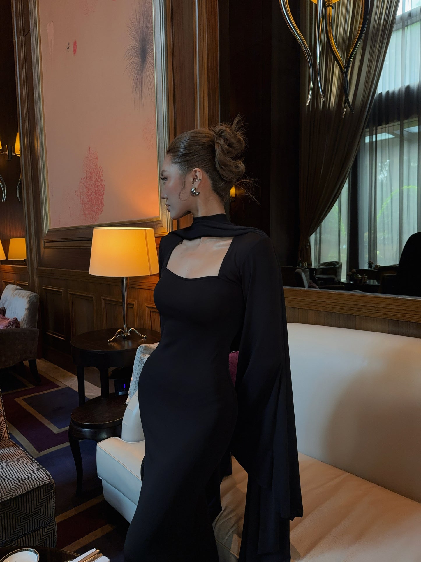 Black Square Collar Shawl Dress Two-piece Gown Modest Evening Dress  L87