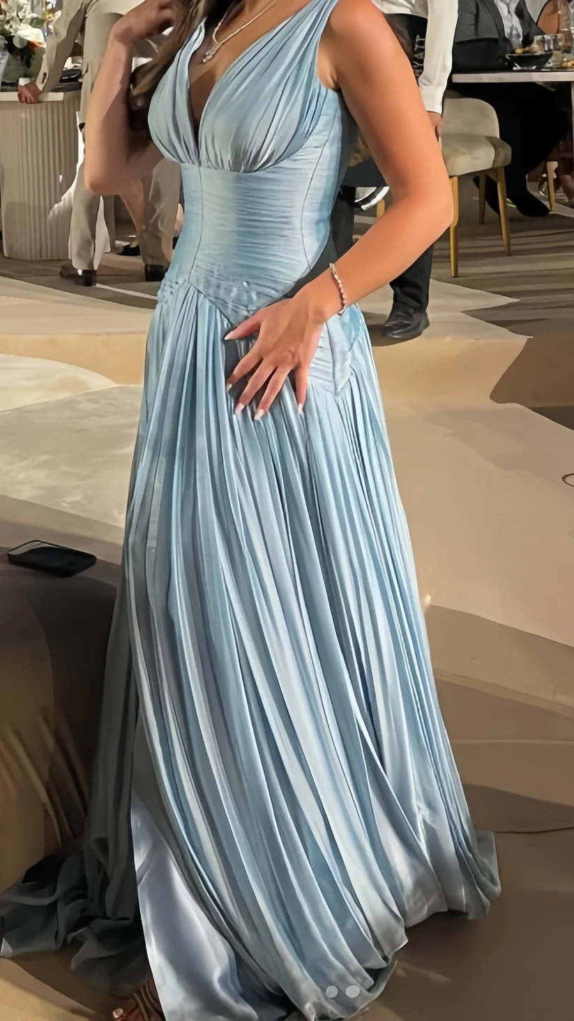 Light Blue Pleated Evening Formal Dresses V-Neck Wedding Guest Dress  J9654