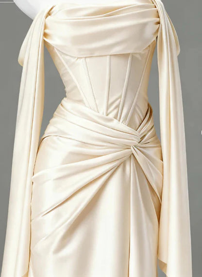 Light Champagne Long Prom Dress Satin Evening Dress  J9725