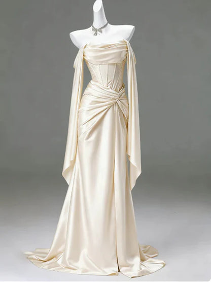 Light Champagne Long Prom Dress Satin Evening Dress  J9725