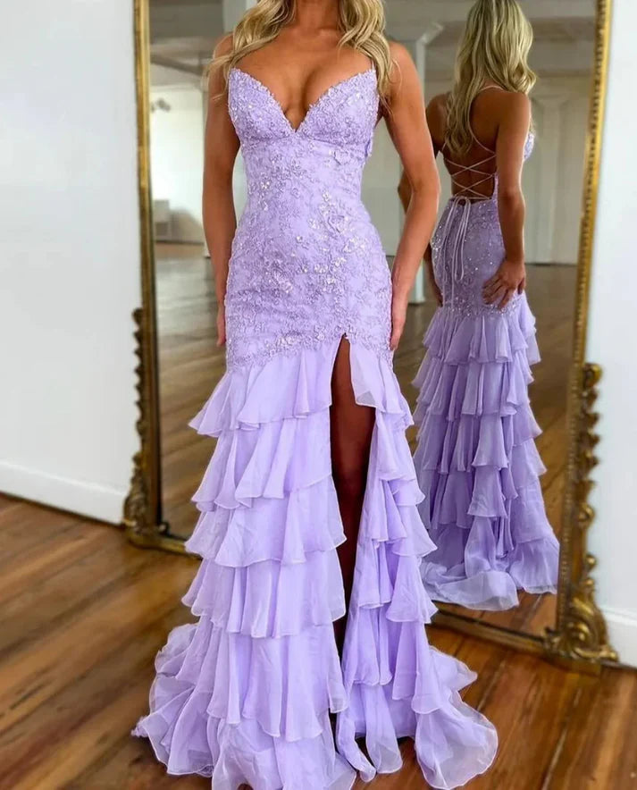 Lilac Mermaid Spaghetti Straps Prom Dress Applique Evening Dress With Ruffles J9956