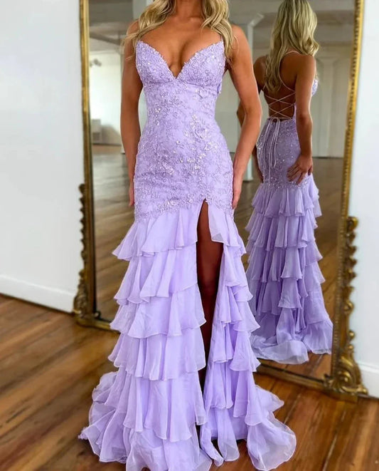 Lilac Mermaid Spaghetti Straps Prom Dress Applique Evening Dress With Ruffles J9956
