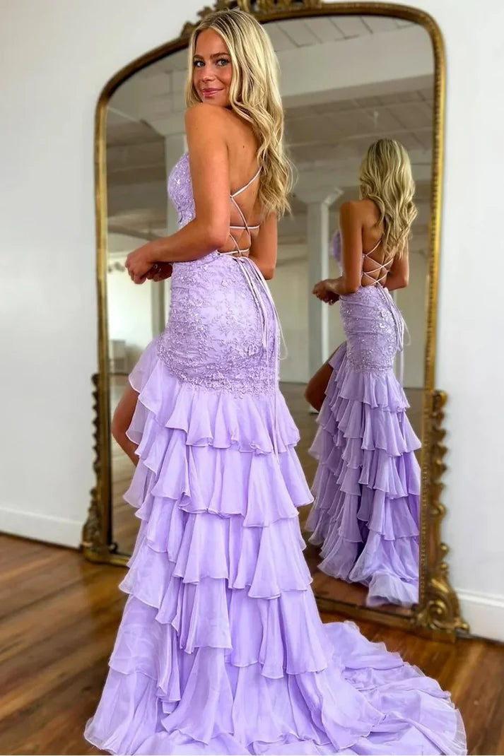 Lilac Mermaid Spaghetti Straps Prom Dress Applique Evening Dress With Ruffles J9956
