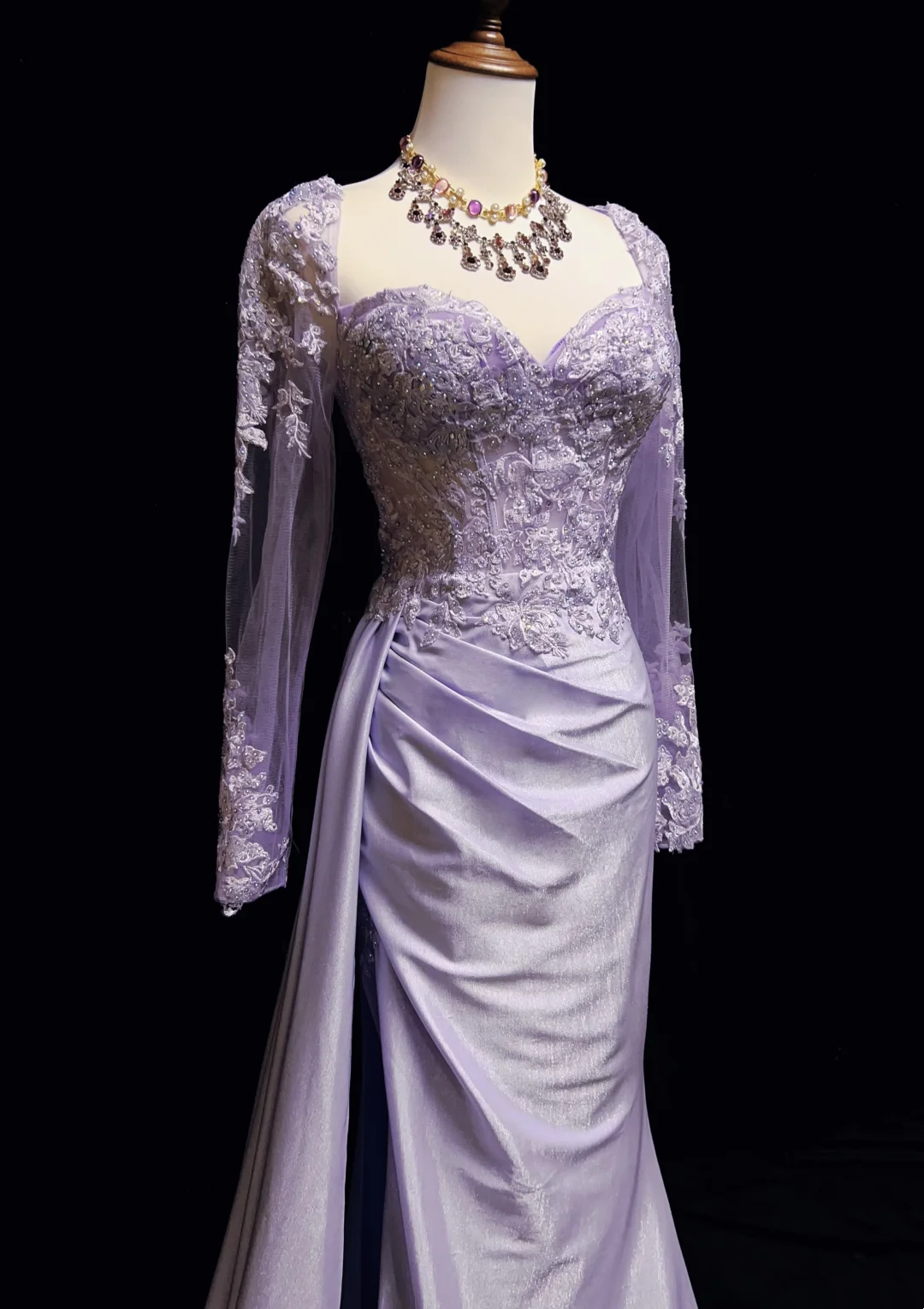 Robe de bal bustier violette en satin avec appliques, robe de soirée formelle J9413