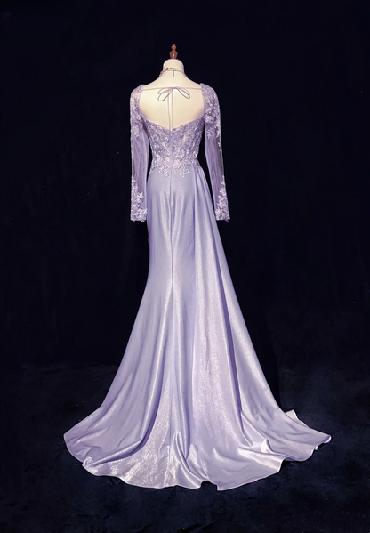Robe de bal bustier violette en satin avec appliques, robe de soirée formelle J9413