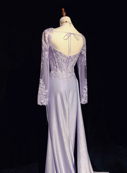 Robe de bal bustier violette en satin avec appliques, robe de soirée formelle J9413