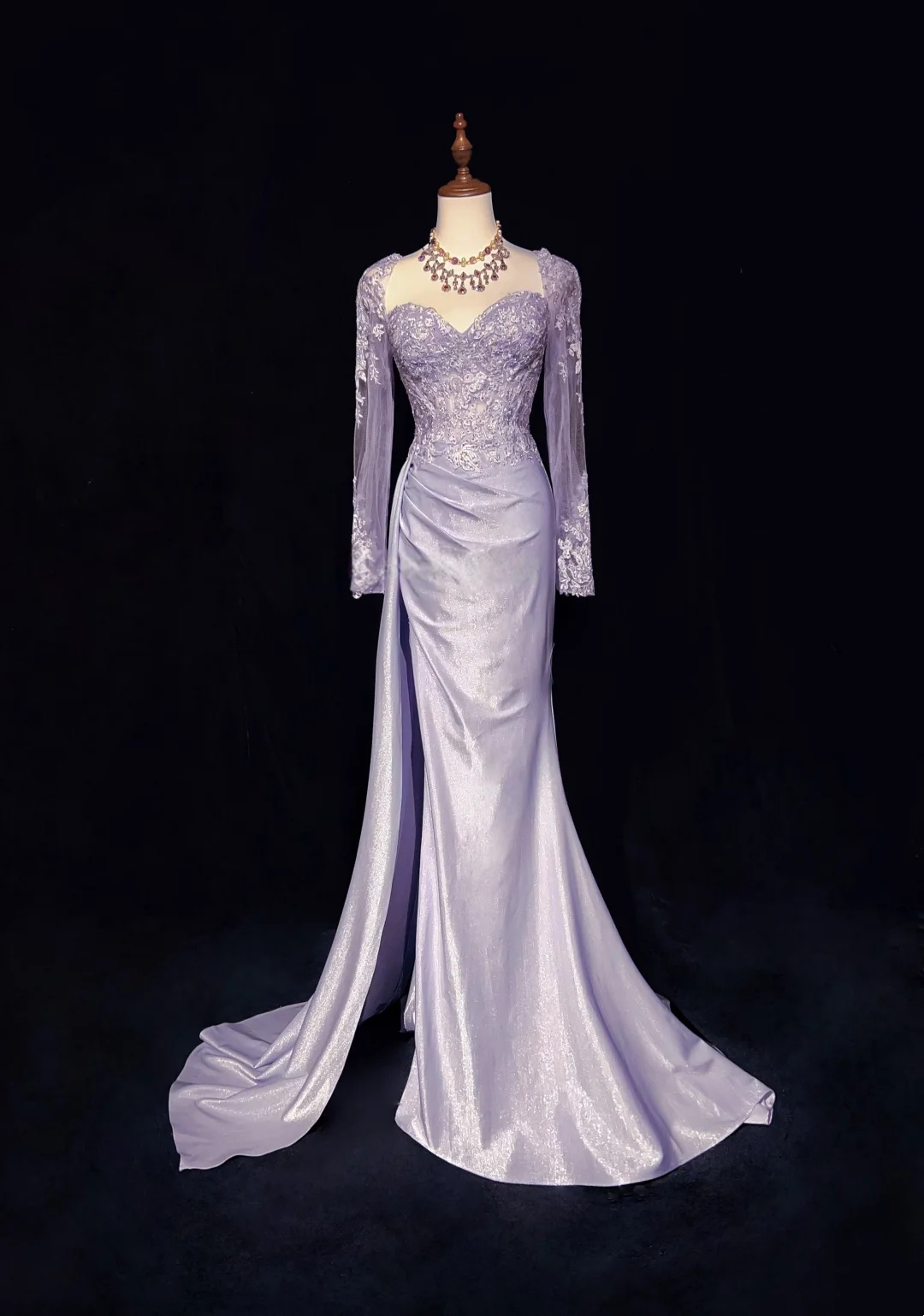 Robe de bal bustier violette en satin avec appliques, robe de soirée formelle J9413