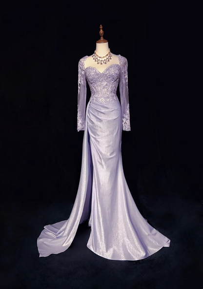 Robe de bal bustier violette en satin avec appliques, robe de soirée formelle J9413