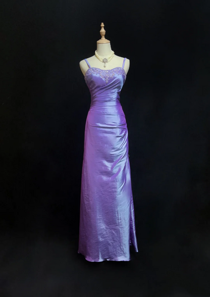 Robe de bal bustier violette en satin avec appliques, robe de soirée formelle J9413