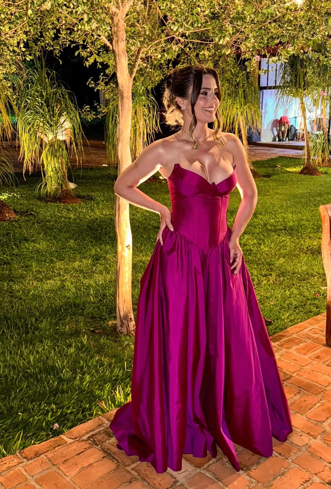 Magenta A Line Satin Wedding Guest Dress Formal Evening Dress  J10013