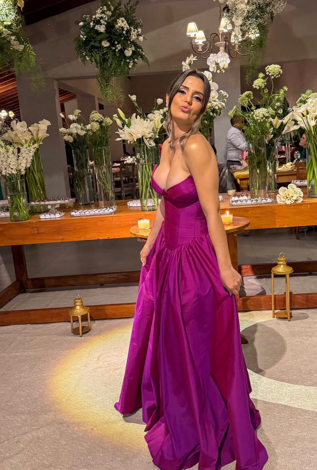 Magenta A Line Satin Wedding Guest Dress Formal Evening Dress  J10013