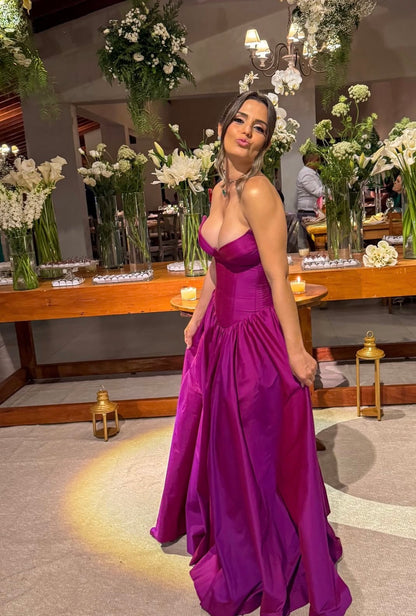 Magenta A Line Satin Wedding Guest Dress Formal Evening Dress  J10013