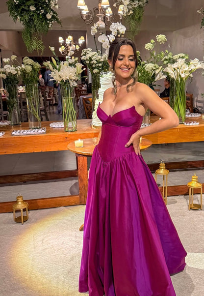 Magenta A Line Satin Wedding Guest Dress Formal Evening Dress  J10013