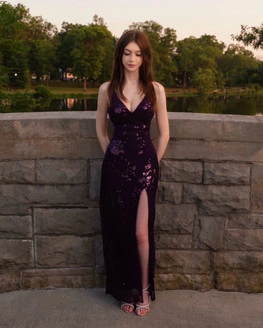 Mermaid Halter Grape Sequins Long Formal Dresses With Slit Evening Dress J10373