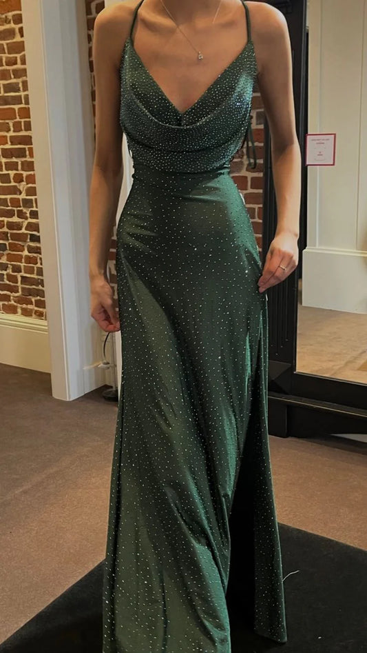 Mermaid Halter Green Beaded Satin Long Formal Dresses Evening Dresses  J10370