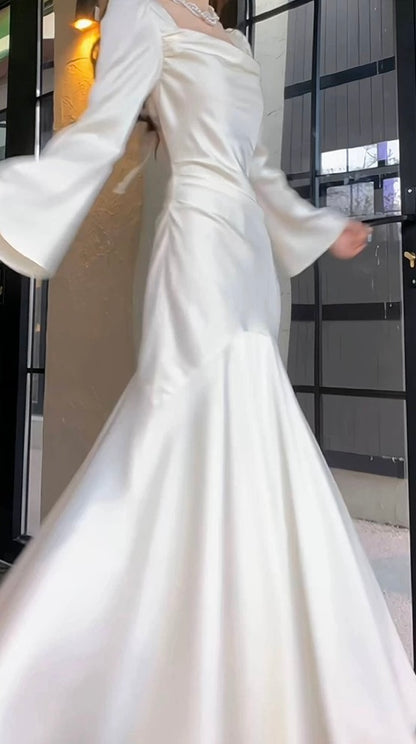 Meerjungfrau Elfenbein Langes Ballkleid Lange Ärmel Brautkleid J4802