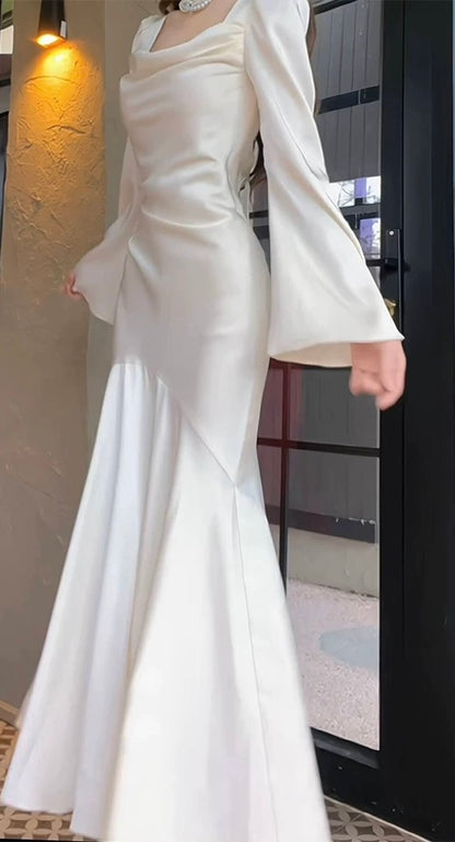 Meerjungfrau Elfenbein Langes Ballkleid Lange Ärmel Brautkleid J4802