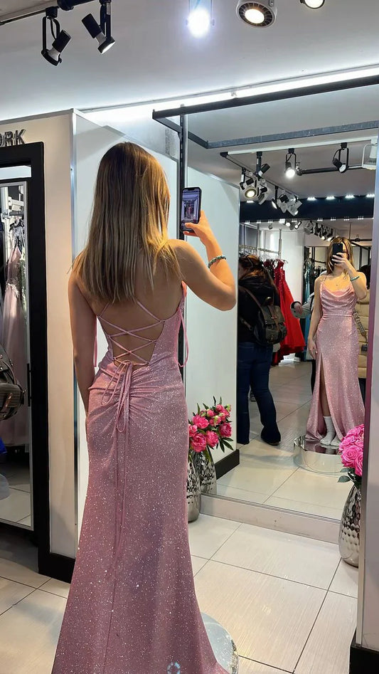 Mermaid Spaghetti Straps Pink Sparkle Long Prom Dress Open Back Evening Dress  J10360