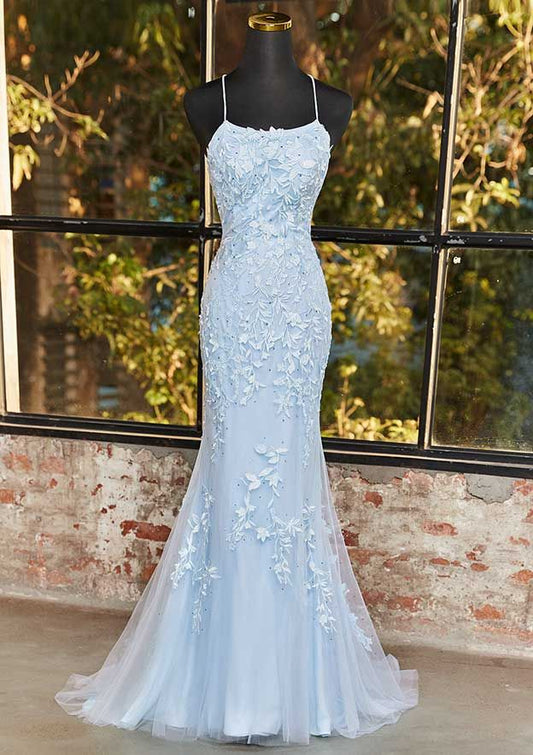 Mermaid Spaghetti Straps Sky Blue Open Backs Prom Dresses Evening Dress  J10367